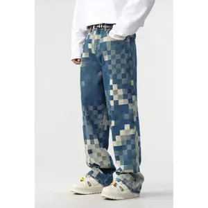 Men's Denim CakeBoi Plaid Patchwork Oversized Wide-Leg Jeans - Relaxed Fit Streetwear Trousers