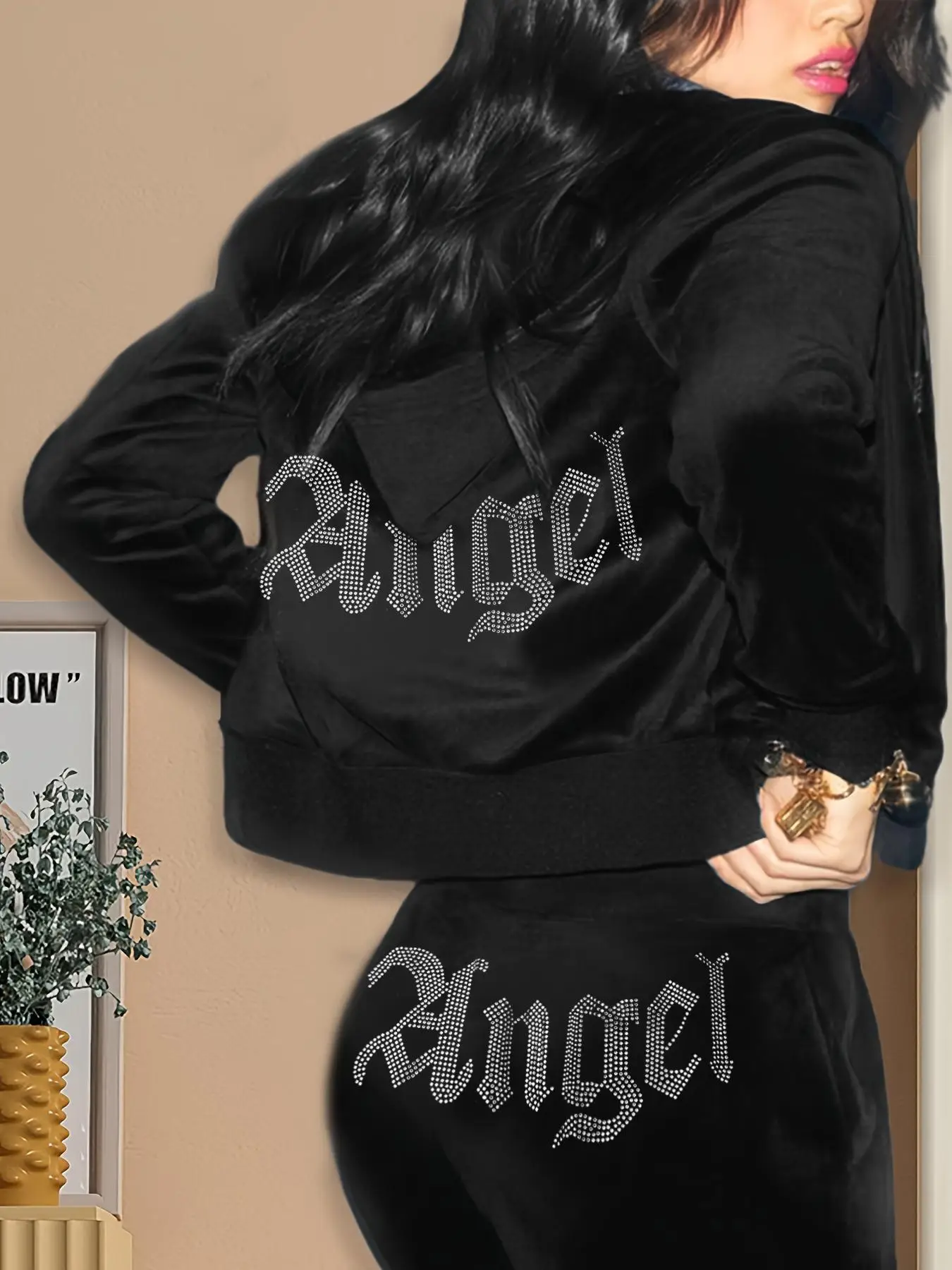 Women's "Angel" Rhinestone Letter Decor Pants Set, Casual Zip Up Hoodie & Elastic Waist Pants Set for Spring & Fall, Women's Clothes