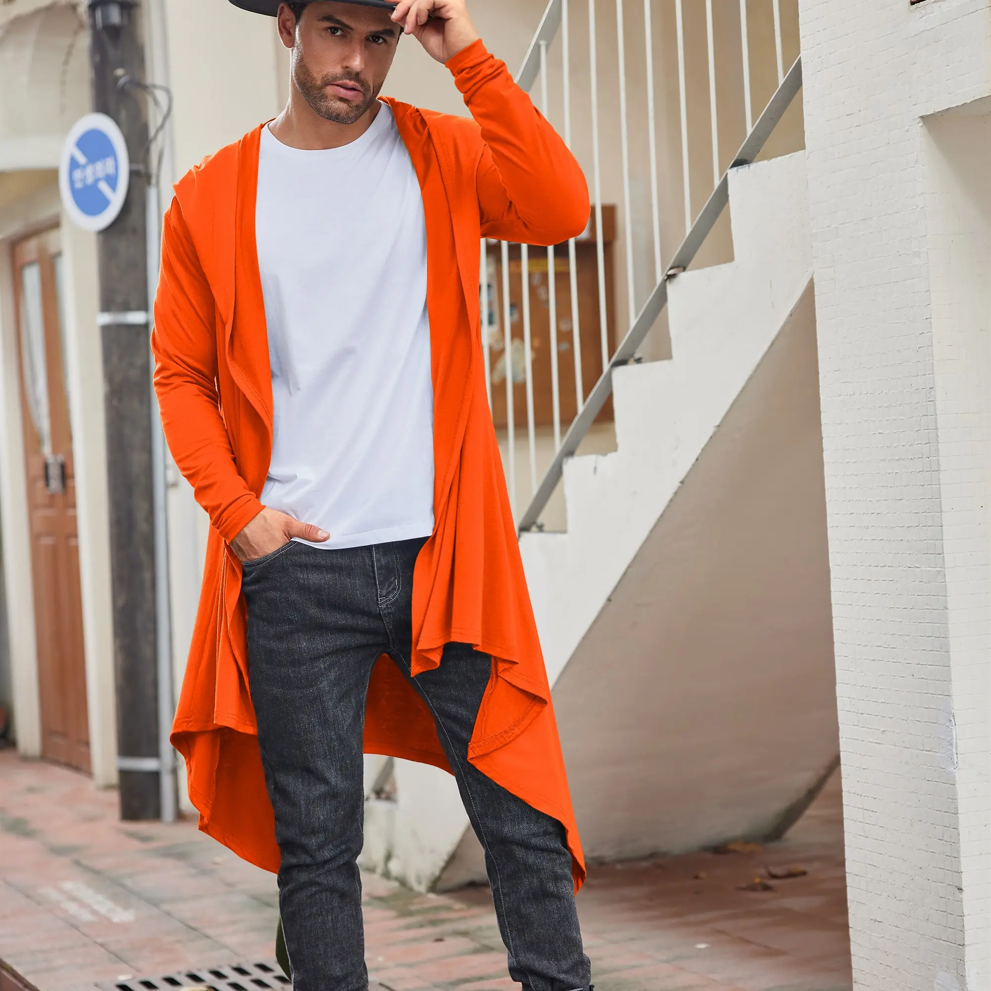 Long Hooded Cardigan Ruffle Shawl Collar Open Front Lightweight Drape Cape Overcoat with Pockets