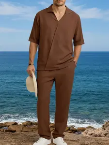 Spring and summer loose texture men's set, Outfit, trendy short-sleeved and long pants bubble wrinkle set, breathable, comfortable and Elastic, mood comfortable, suitable for men's daily casual outdoor wear and vacation, essential for men's wardrobes