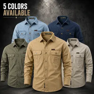 Men’s tactical collared long-sleeve shirt, breathable cotton work shirt, classic rugged style multi-pocket casual top, suitable for outdoor travel and everyday wear
