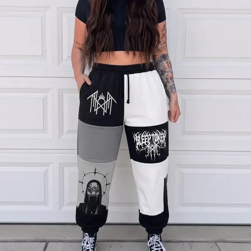 Sleep Token Sweatpants, Black White Patchwork Jogger Pants, Gothic Graphic Sweatpants, Alternative Streetwear Pants, Unisex Casual Gift