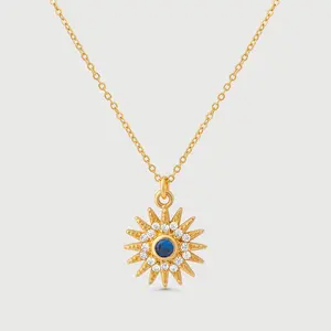 Sun Ray & Starburst Necklace In Gold with Blue Sapphire Center and Twinkling Crystals for Cosmic Souls