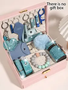 15-Piece Fashion Glitter Blue Keychain Set with Wrist Strap, Storage Bag, Card Holder, Cute Style Keychain Accessories, Stylish Keychain