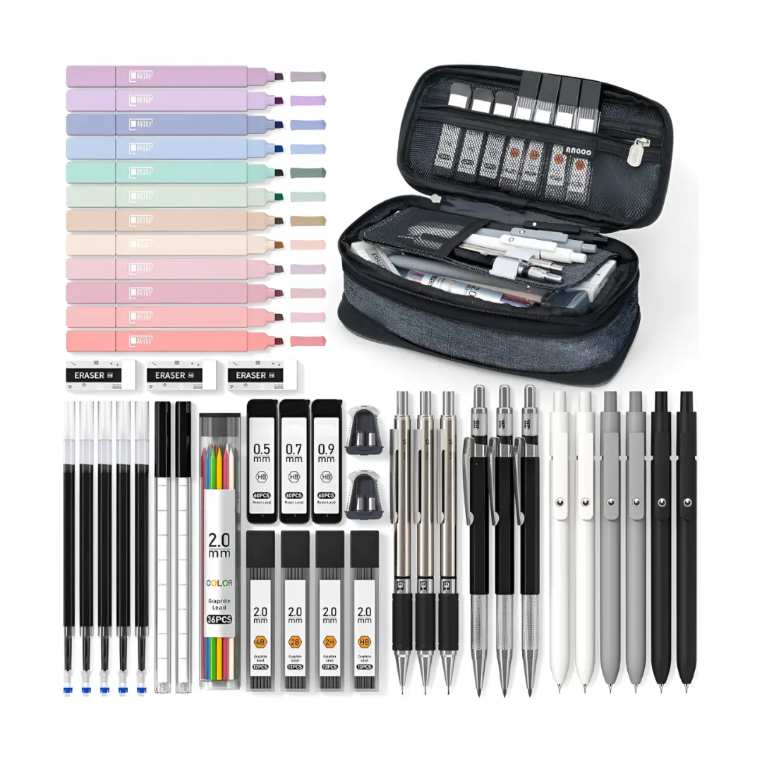 45 PCS School Supplies with Pen Case, 6 Gel Pens, 6 Art Mechanical Pencil Set, 12 Highlighters for College Essentials Office Stationery (Black)
