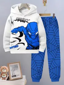 Boys Fashion 3D Spider-Man Print Geometric Pattern Casual Hoodie, Long Sleeve Sports Sweatshirt for Spring & Fall, Outdoor Wear Set