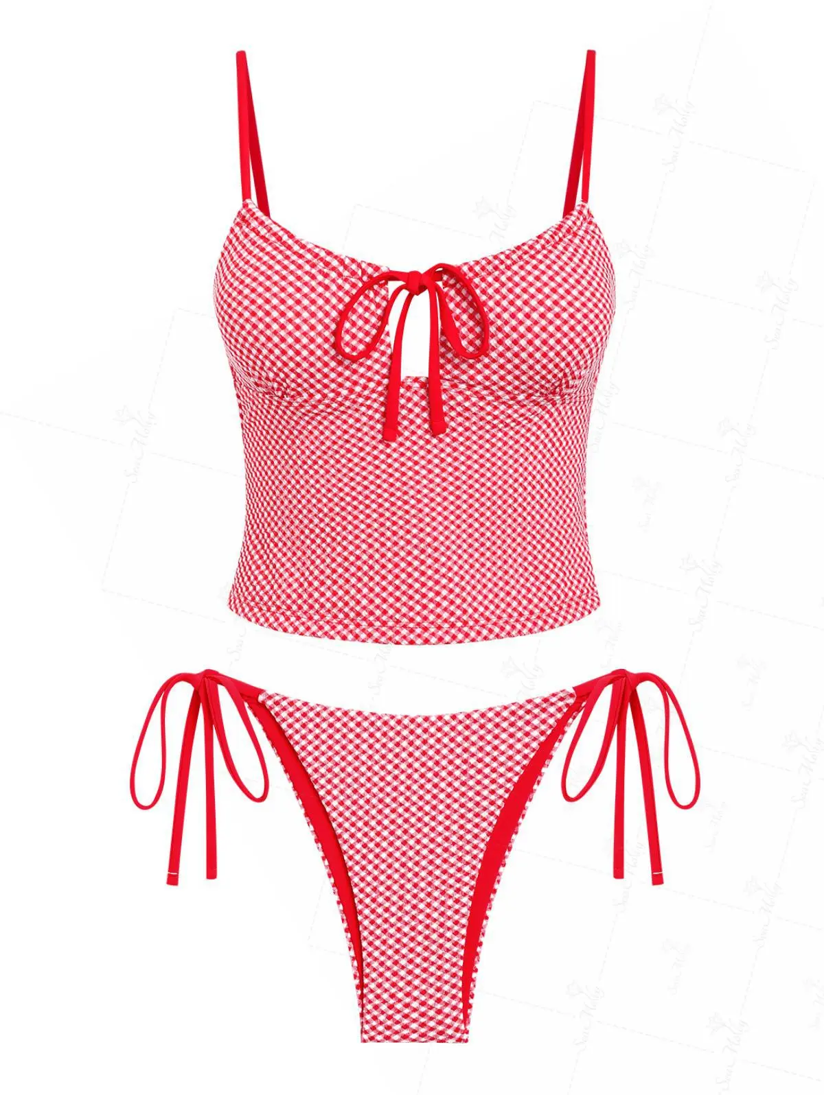 SEAMOLY Women's Gingham Print 2-Piece Tankini Swimwear - Tie-Front Poly-Spandex Top, Low-Rise Chlorine-Resist Elastane Bottoms, Sporty Chic for Beach Trips, Swimsuits, Two-Pieces backtoschoolshopping