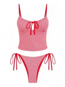 SEAMOLY Women's Gingham Tankini Swimwear, Sporty Chic 2 Piece Set with Tie-Front Top and Low Rise Elastane Bottoms for Vacation