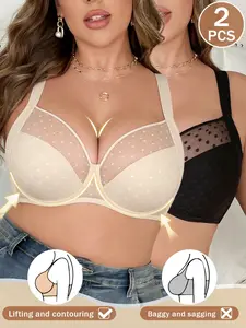 2PCS Women's Plus Size Full Coverage Push-Up Bra,Underwire spprort Anti‑sagging Unlined Comfortable Slimming Elegant Bra Adjustable Straps, Breathable Mesh,Daily Wear