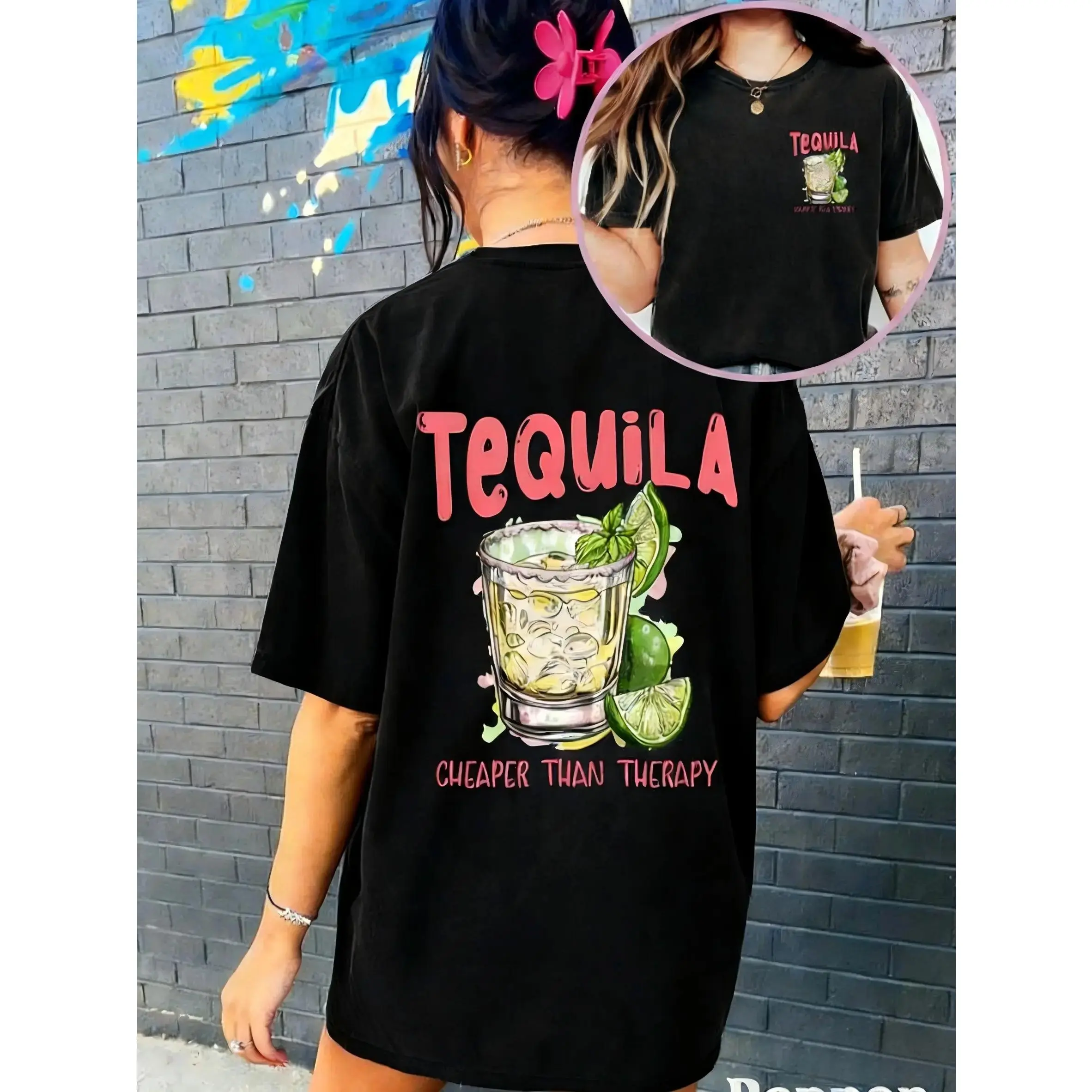 Women's 'Cheaper Than Therapy' Tequila Graphic T-Shirt, Soft Lightweight Cotton Top, Funny Everyday Essential for Summer, Hang Dry