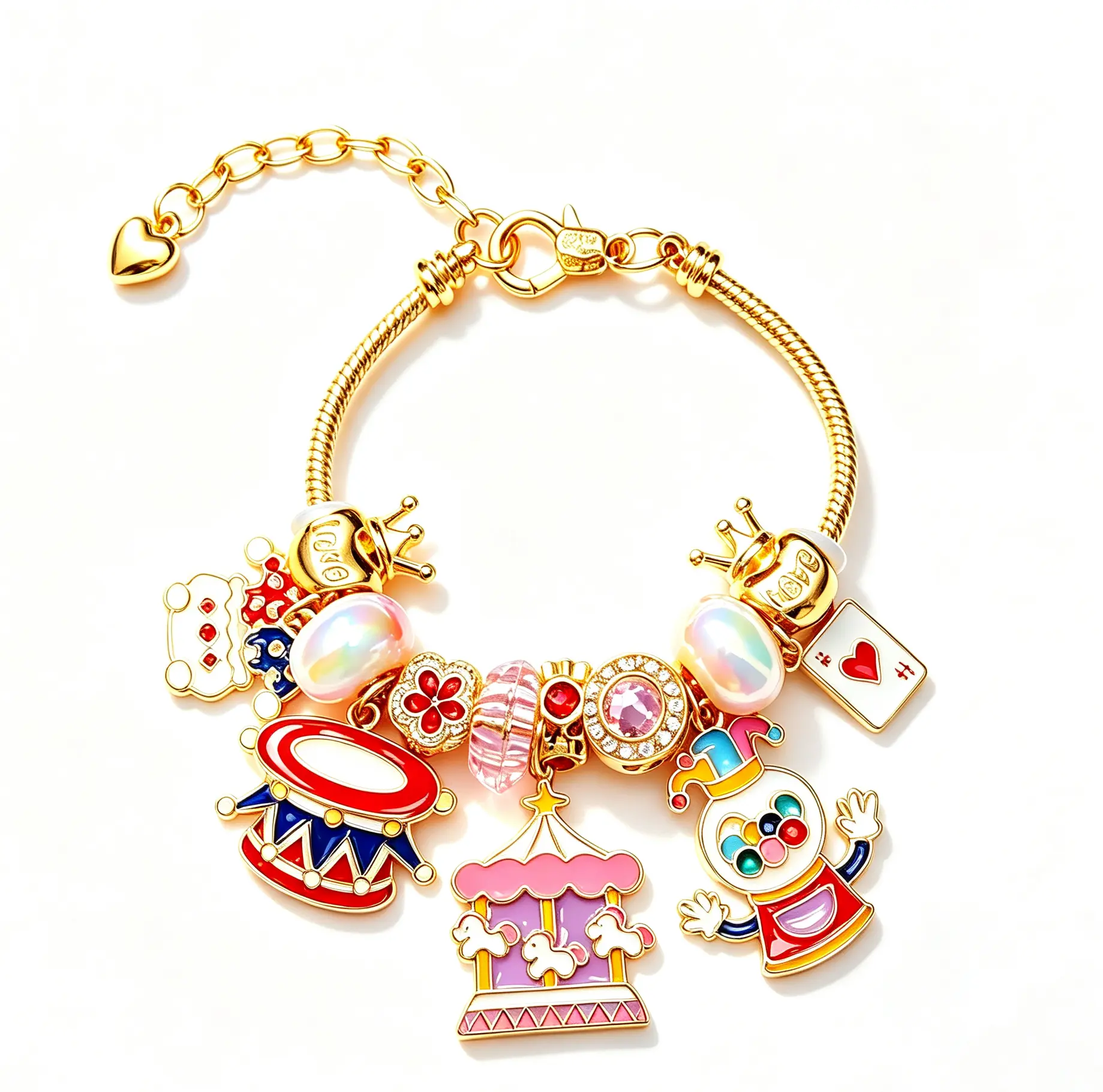 Circus Carnival Enamel Charm Bracelet, Gold Snake Chain Beaded Bracelet with Clown, Carousel, Drum & Playing Card Charms, Cute Cartoon Jewelry, Adjustable Bangle Gift for Women Girls