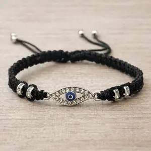 Evil Eye Bracelet - Black Braided Cord with Rhinestone Accents for Women and Girls