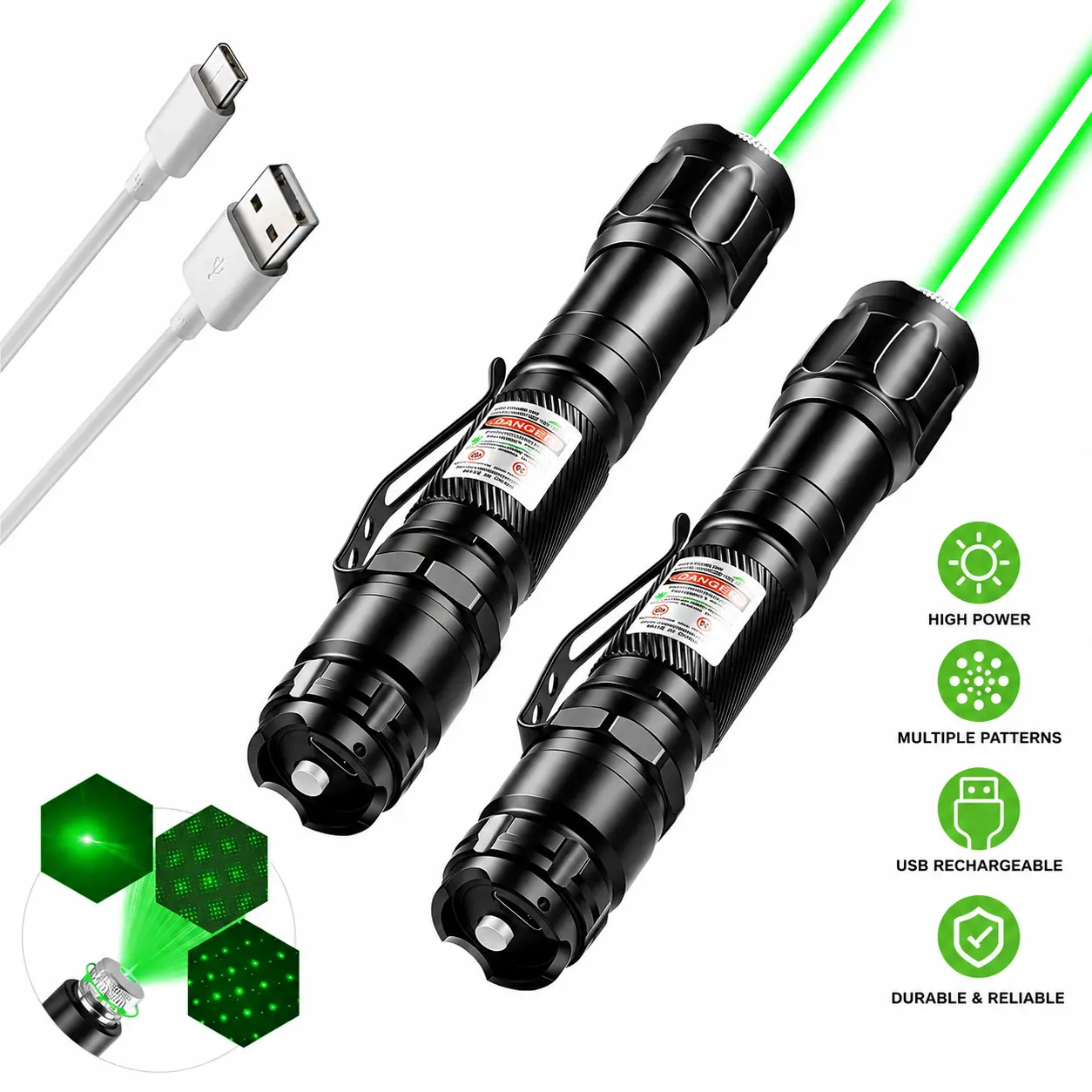Compact Handheld Green Laser Pen - Metal Aluminum Alloy, USB Rechargeable, Focus-Adjustable Laser Pointer for Trainers, Camping & Hiking Outdoor Light Accessory