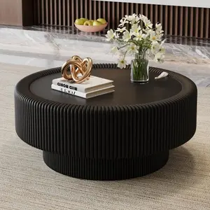 Bellemave 31.5x31.5 in Fluted Round Hidden Storage Coffee Table - Tempered Glass Top, Premium Leather-Wrapped, Modern Indoor Living Room & Apartment Furniture