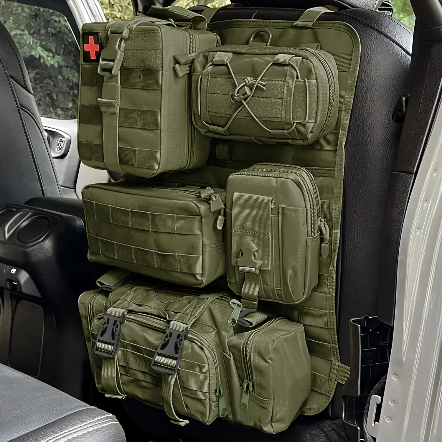 Tactical Car Seat Back Organizer with 5 Detachable MOLLE Pouches, Polyamide Grid Mount Storage Holder, Universal Fit Vehicle Bag Organizers (Army Green/Khaki), Bag Organization, Carrier Pouch Bag Organizers