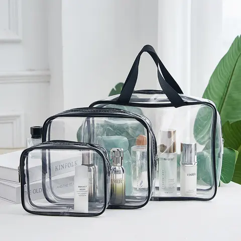 3Pcs PVC Vanity Bag Set - Waterproof Storage Bags with Durable Zips, Handle, 3 Different Sizes, Secure Organizer for Travel, Kitchen Food Storage, Vanity Bags, Three Different Sizes
