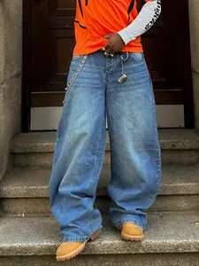 Men's Loose Washed Blue Denim Jeans, Casual Simple Fashionable Wide Leg Design, All Seasons Wear Comfortable Fit