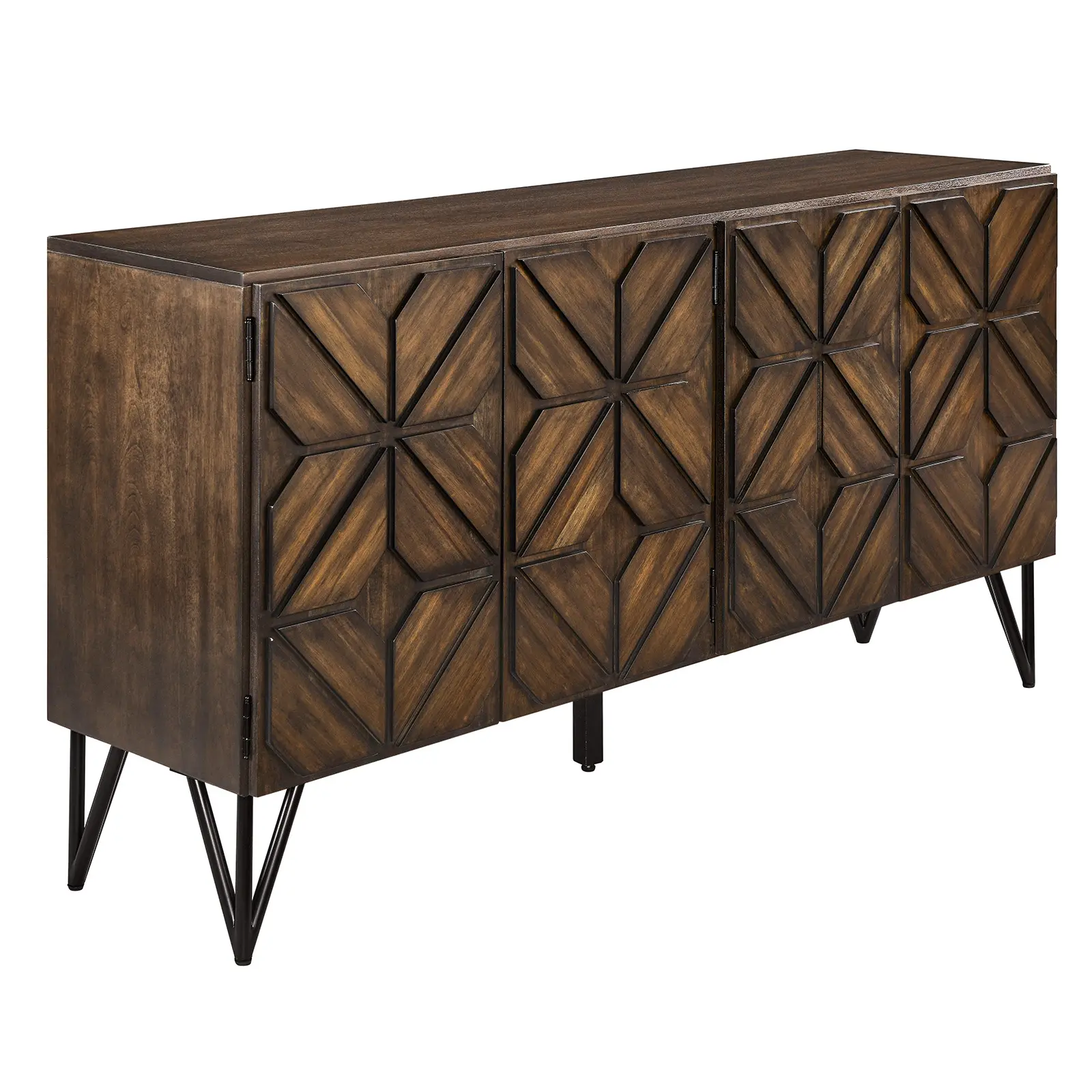 AMERLIFE 63" Acacia Wood Sideboard Buffet with Hand-Carved Geometric Doors, Console Cabinet with Adjustable Shelves for Dining Room/Living Room/Entryway, Dark Walnut