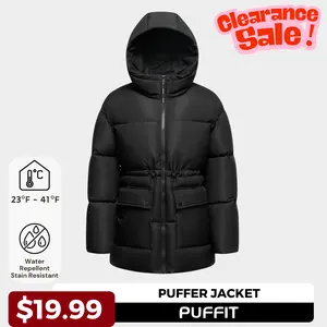 【Clearance Sale】PUFFIT Women Mid Length Puffer Jacket Hood Winter, Mid Length Ladies Outwear Coat Big Pocket with Waist Drawcord #FallFreshness