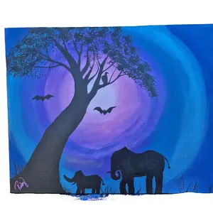 Africa! Iridescent Acrylic Paint with Full Moon Momma Elephant & Baby Walking Past Acacia Tree Artwork for Home Decor