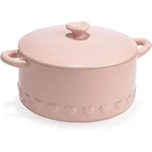 28oz Ceramic Baking Dish with Lid and Handles, Oven-Safe Up to 450°F, Dishwasher & Microwave Safe, Pink Embossed Heart Design Stoneware Bakeware