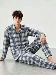 Men's 2-Piece Long Sleeve Pajama Set, Casual Sleepwear Suite, Open-Front Pajamas + Straight Leg Pants, Fashion Plaid Print, Wearable at Home, Pyjamas Pjs
