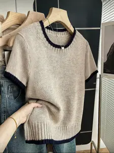 Spring Summer Women's Casual Basic Color Block Short Sleeve Top, Trendy Preppy Style Loose Knitwear Sweater for Daily Wear