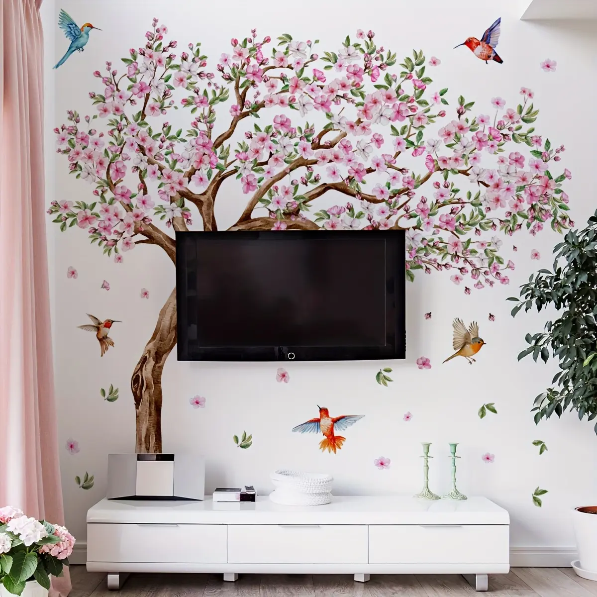 A set of 3 pieces (30*90cm*3pcs) hand-painted pink peach blossom tree wall stickers, decorative decal for living room, bedroom and home background decoration Wall Stickers Decorations M13584-KN Decorative wall sticker