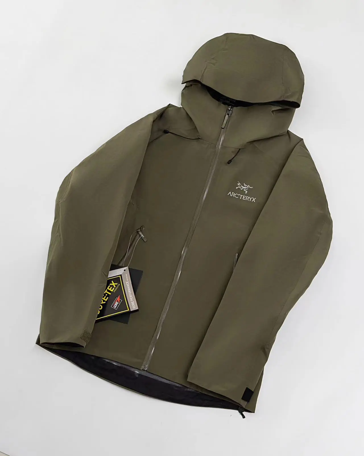 Arc'teryx Men's Olive Hooded Hard Shell Jacket, Waterproof Windproof Full Zip Outdoor Coat for Hiking and Daily Wear
