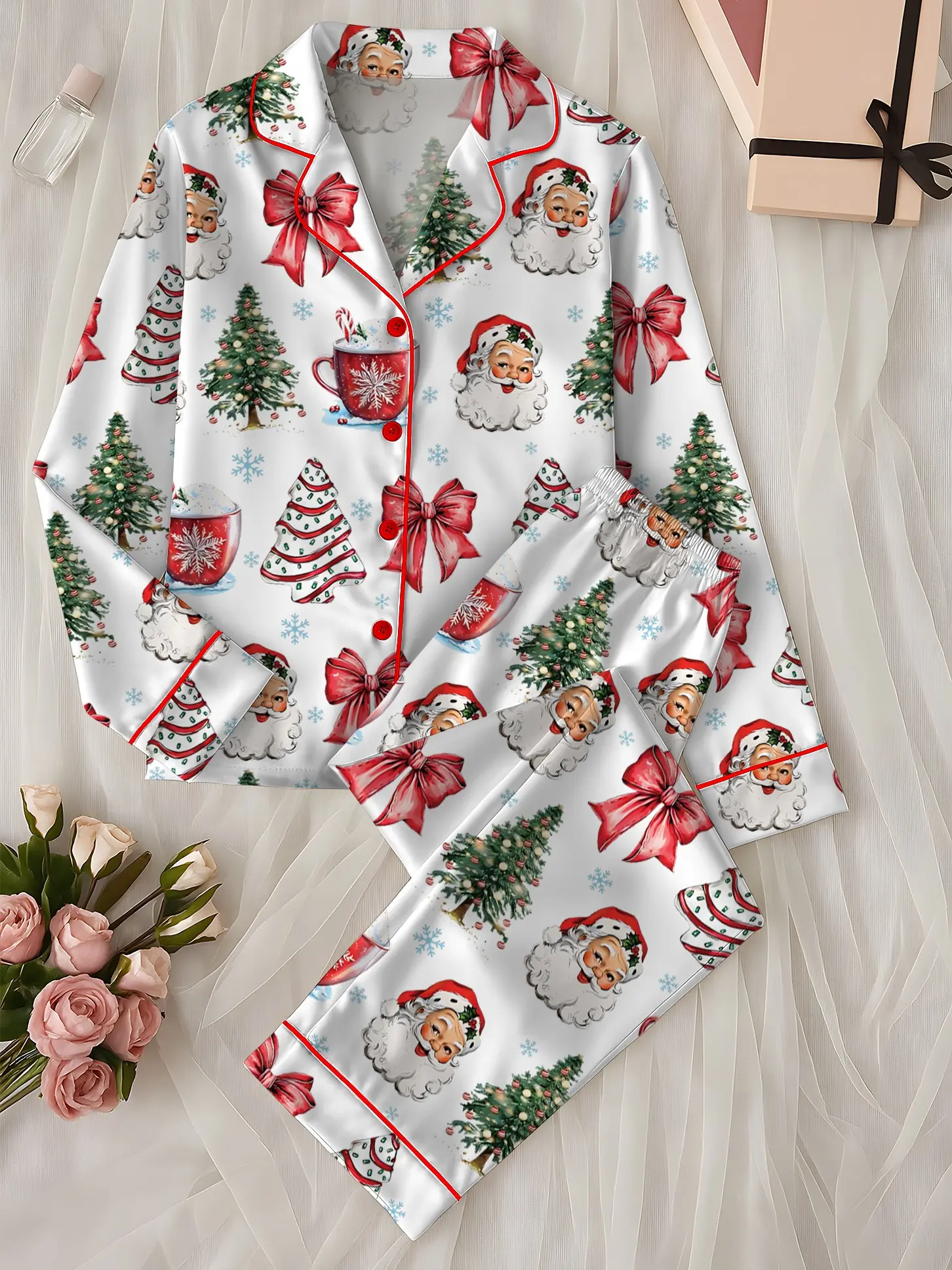 Coquette Christmas Satin Pajama Set, Christmas Santa Red Cup Tee Pajama Set, Holiday Hot Pajama, Pajama Nightwear Set for Her Women