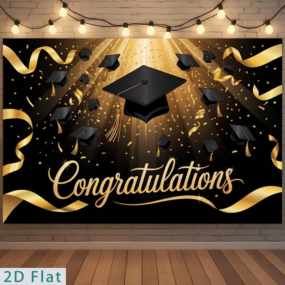 Reusable Polyester Flat Banner - Grad Party Decorations with Golden Cap, Confetti Design, Congratulatory Art Print for Graduation Celebrations