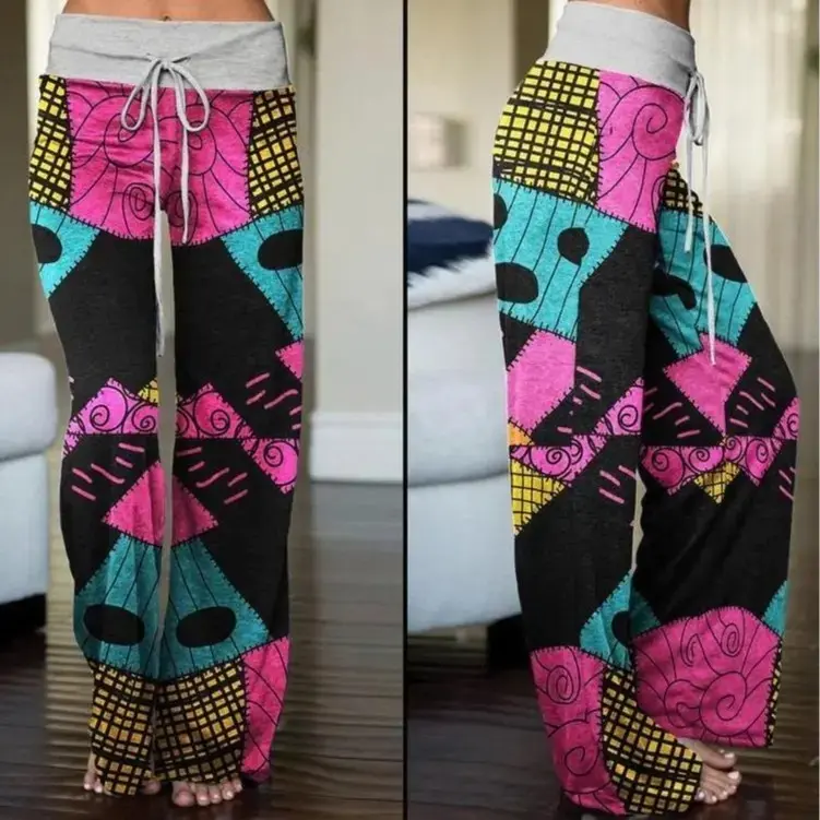 Patchwork Gothic Pajama Pants – Baggy Fit, Comfy Lounge Pants for Women | Graphic Wide Leg Lounge Pants & Cozy Aesthetic Sleepwear
