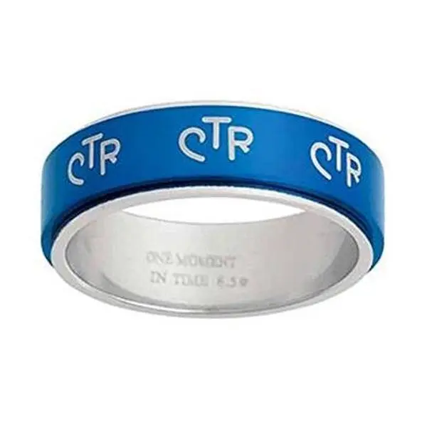 J38C Mormon LDS Unisex CTR Ring Cobalt Blue Spinner Size 6-13 One Moment In Time