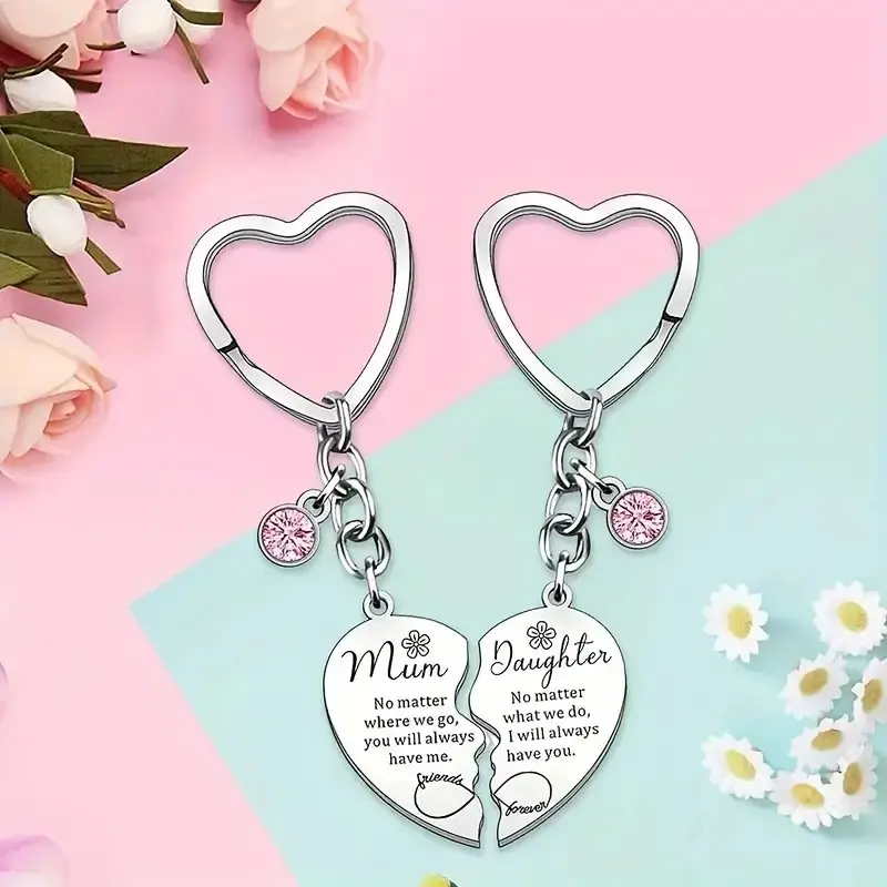 Mother Daughter Keychain Set – Matching Heart Keychains with Engraved Quotes – Mom & Daughter Gift with Pink Crystal Charm – Sentimental Jewelry Keepsake for Birthday, Mother’s Day, Christmas, Graduation, Going Away, Family Love Friendship Token