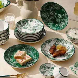7/8-inch family ceramic dinner plates, Modern ceramic dinnerware, featuring green and red rose patterns, can hold fruits, salads. Microwave and dishwasher safe, suitable for home kitchens, picnic parties