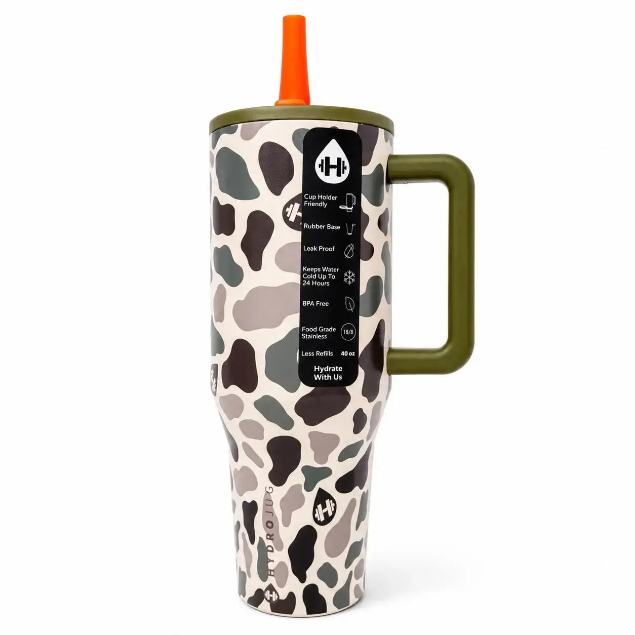 Traveler 40 oz Hydrojug Camo Tumbler with Handle and Orange Flip Straw, Muted Green Camouflage Leakproof Triple-Wall Insulated Stainless Steel Water Bottle for Gym, Hiking and Travel