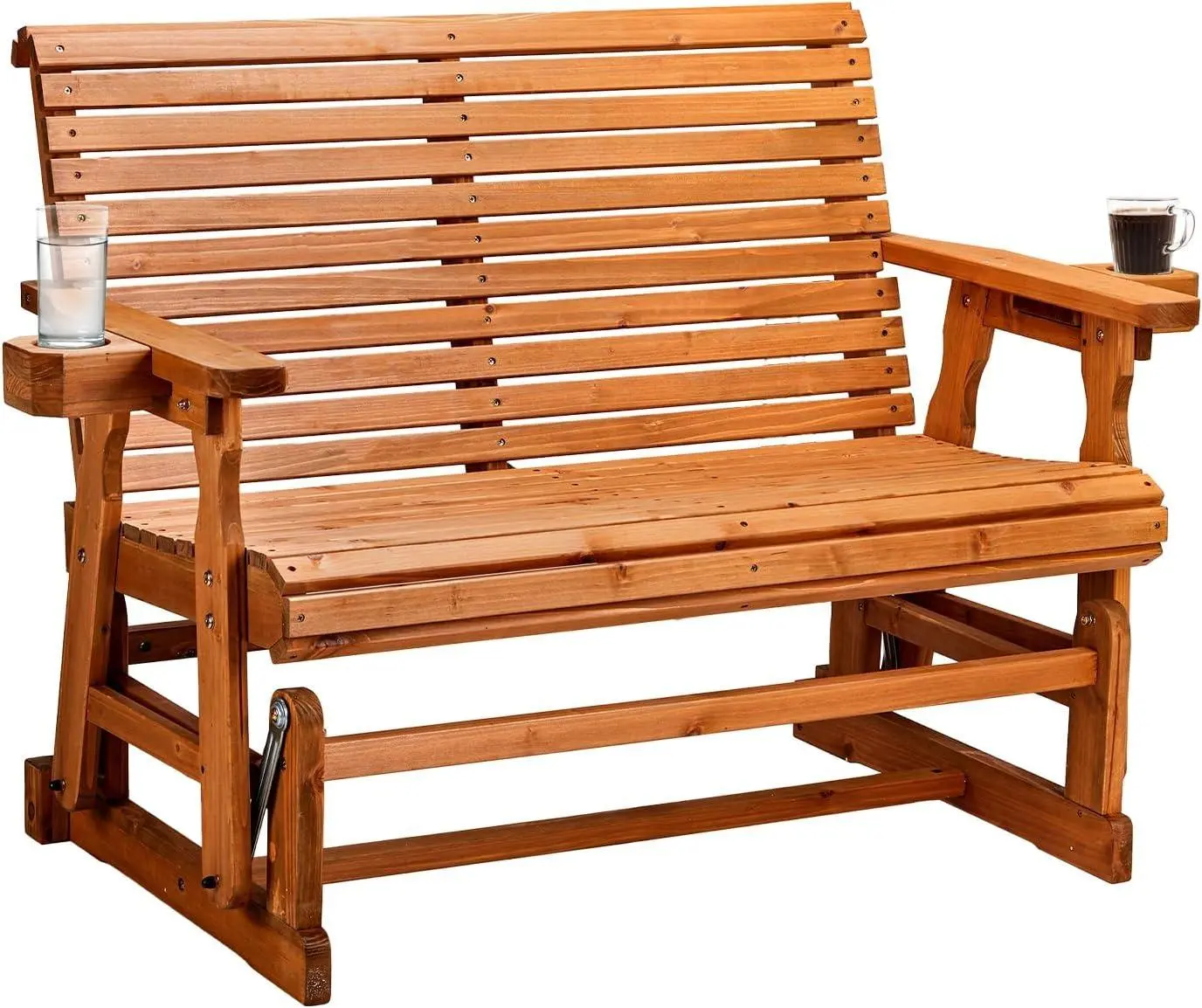 Karlhome Heavy-Duty 800 lbs Load Wood Patio Glider Loveseat with Cup Holders, Smooth Rocking Mechanism, Expert Craftsmanship, Front Porch Garden Chair, Outdoor Living Furniture