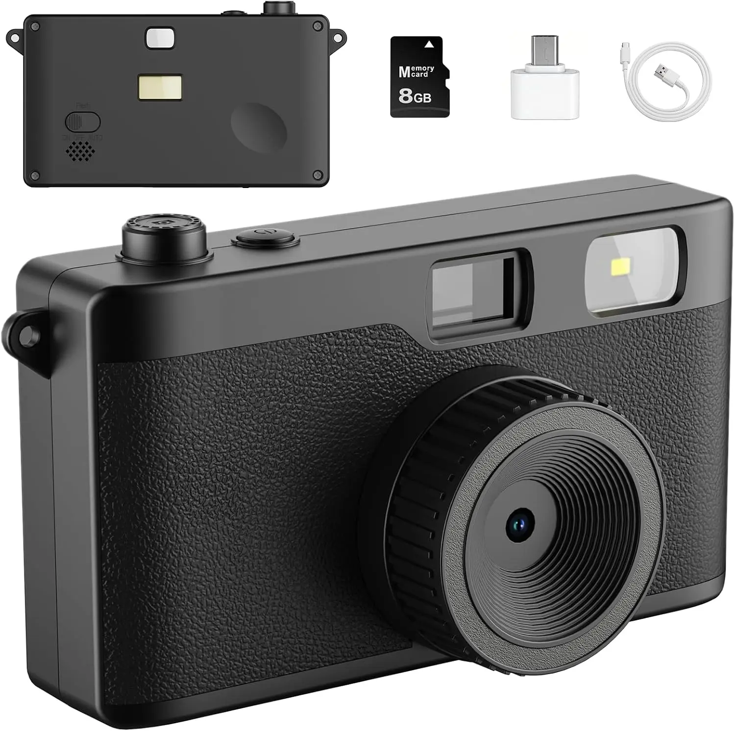 Vintage 12MP Button Point & Shoot Digital Camera - Reusable, Screen-Free, with Unlimited DIY Filters, OTG Support, Flash Light, 8GB Micro SD Card, OTG Adapter & Type-C Cable (Black) for Summer Camp