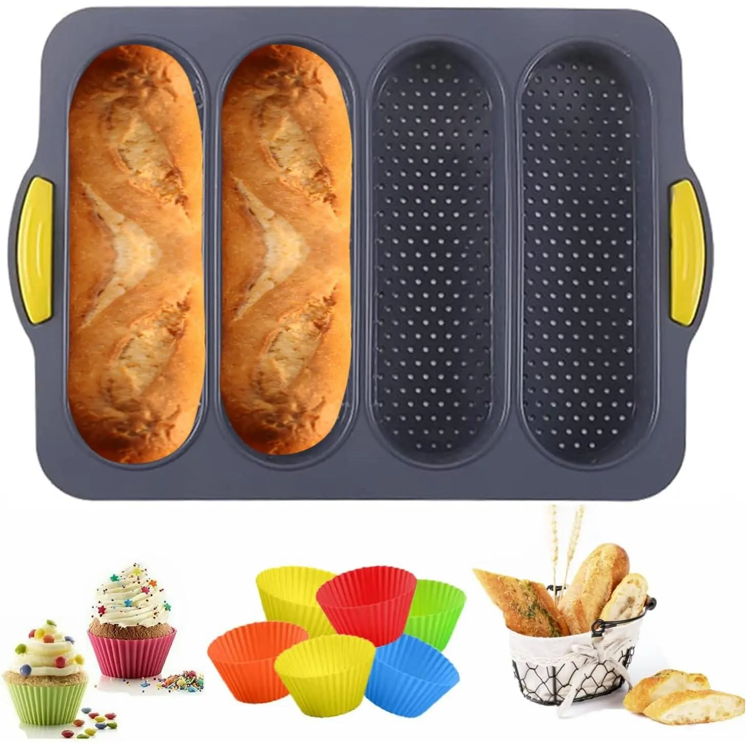 French Bread Baking Pan Set: Silicone Bread Pan, Non-Stick Bread Pan and Heat-Resistant Baguette Pan, Silicone Bread Mold with 6 Muffin Cups, Small Bread Baking Pan, Sandwich Bread Baking Pan