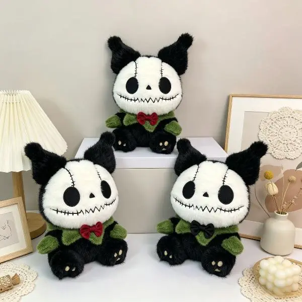 Kawaii Gothic Skeleton Devil Cat Stuffed Plush Toy Black Bat Ear Skull Doll Spooky Halloween Dark Aesthetic Animal Plushies Birthday Gift for Gamers Girls