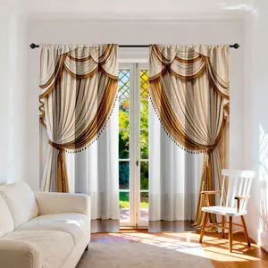 European Style Luxury Gold Curtains, Woven Fringe Decorative Drapes for Living Room Bedroom, High-Quality Polyester Fabric, Window Curtain