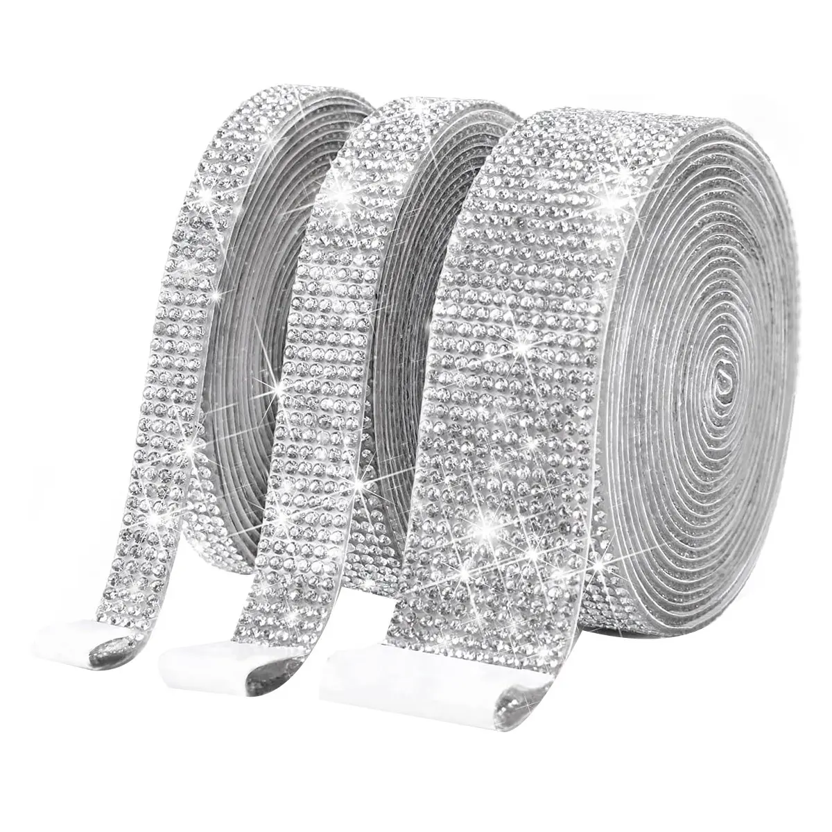 2 mm Self-Adhesive Crystal Rhinestone Ribbon Rolls (3-Pack) - Bling Stickers Wrap for Automotive & Motorcycle Frames, Fittings, Shoes, Dress, Cake, Cellphone, Bag DIY Projects