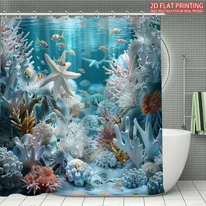 Ocean Starfish Printed Shower Curtain, Decorative Shower Curtain, Bathroom Accessories, Home Decoration Showercurtain Plastic Hooks