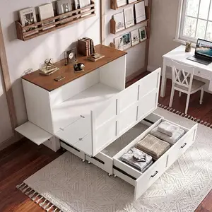 Murphy Chest Bed with Drawer and Charging Station, Farmhouse Wood Space-Saving Hidden Folding Beds Chest, Multifunctional Storage Cabinet Bed for Bedroom, Office, Queen-Size, Rustic White(3 Packages)