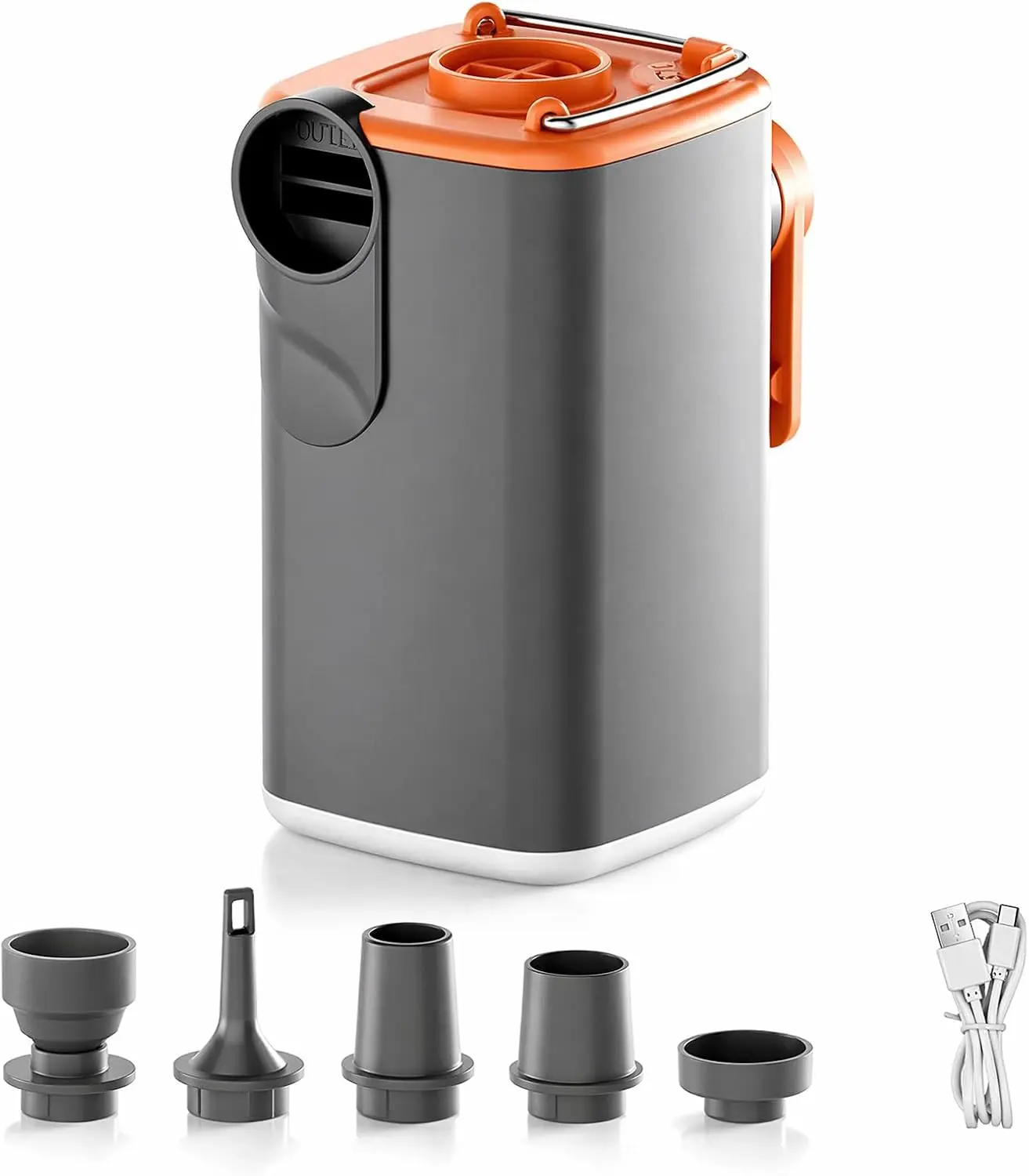 Multifunctional 2-in-1 Electric Air Pump, Powerful Inflator & Deflator for Inflatables, Paddle Boards, Balls, Air Mattresses, Pool Floats, with Camping Light, USB-C, Portable, 5 Nozzles, Gray-Orange