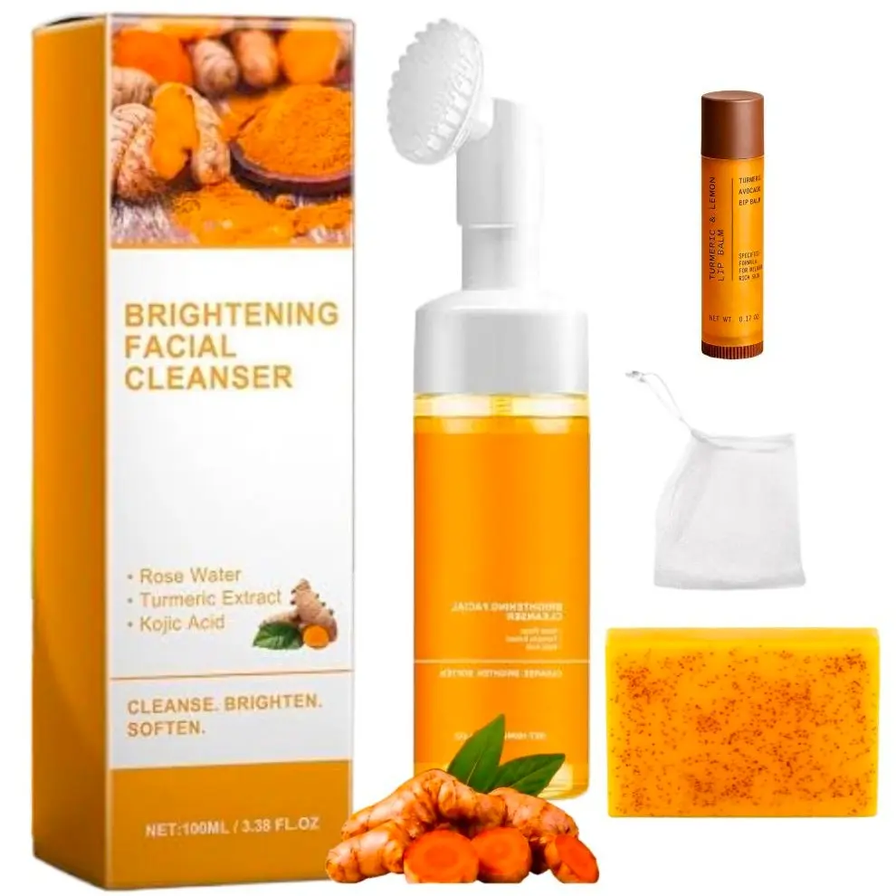 HB HEBE.SWISS Turmeric Skin Care Kit - Natural Daily Facial Cleanser Set with Turmeric Soap Bar, Foam Face Wash, Deep Cleansing Lip Balm