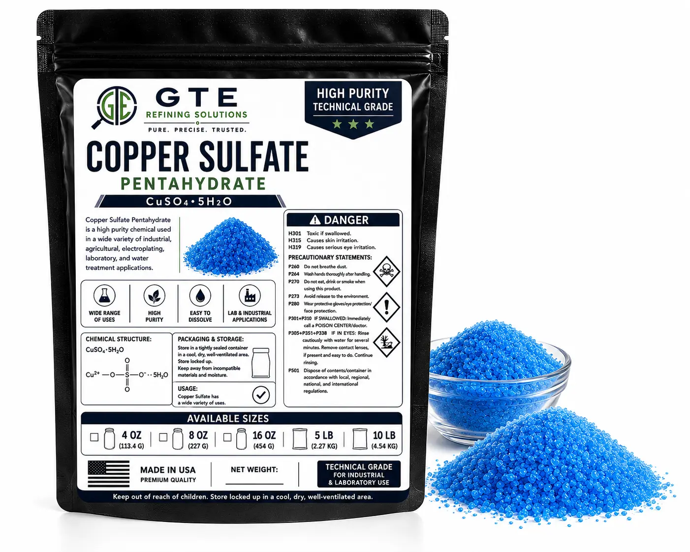 Electroplating Grade Copper Sulfate Pentahydrate Fine Crystals - 16 oz, for DIY Beading & Jewelry Making Projects, Industrial