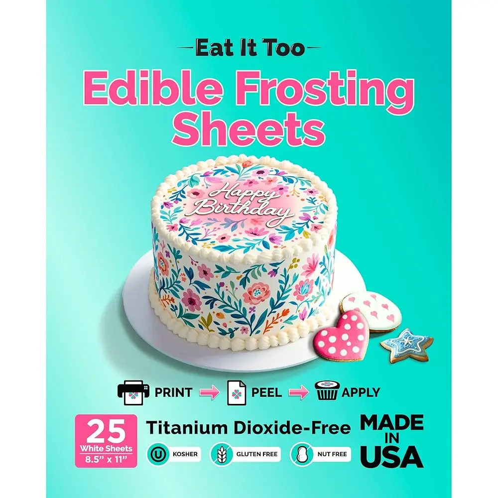 Premium Edible Frosting Sheets - 8.5" x 11" - 25 Pack - For Cakes, Cookies & Cupcakes - Easy Peel & Smooth Finish - Made in USA