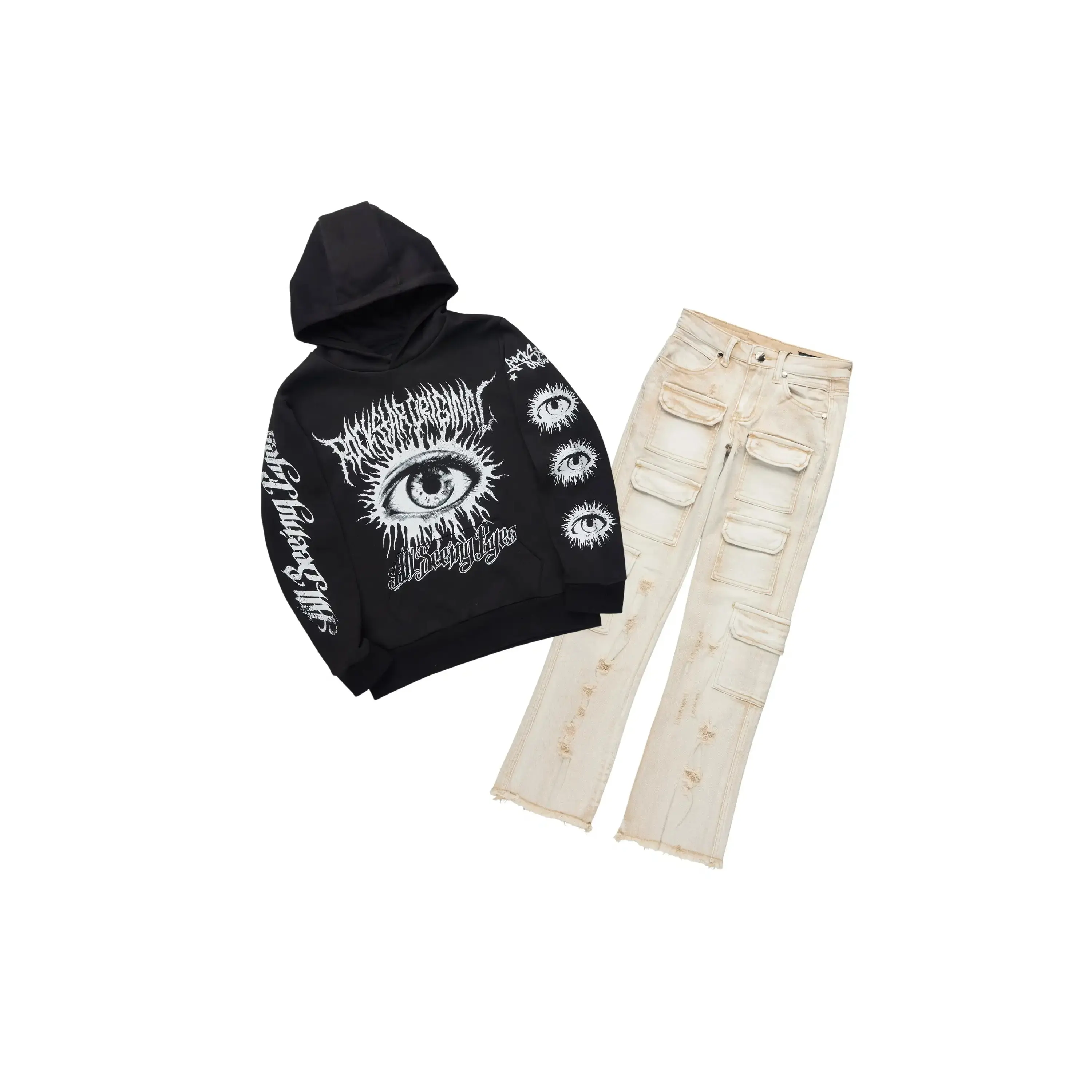 Boys All Eyes Black Hoodie & Kade Beige Stacked Flare Jean Set