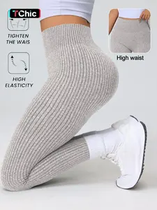 Women's Seamless Design Knitted Ruched Texture Sport Yoga Pants, High Waist Support Butt Lifting Abdominal Control, Running Fitness Streetwear